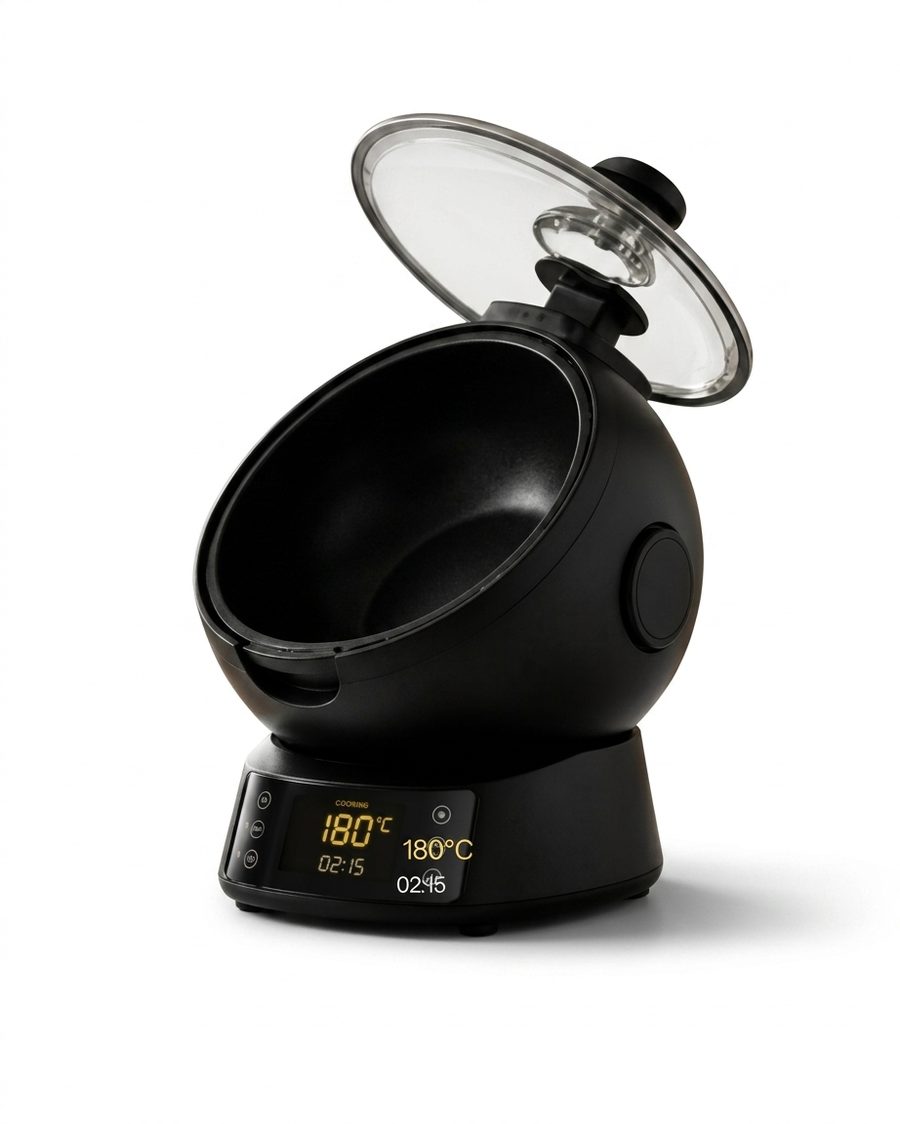 Black spherical auto-stir smart cooker with digital display