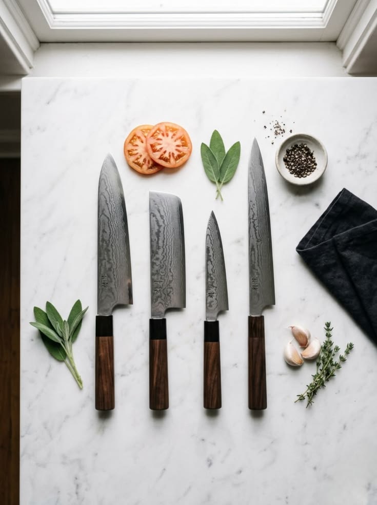 Set of Japanese kitchen knives with walnut handles on a marble counter