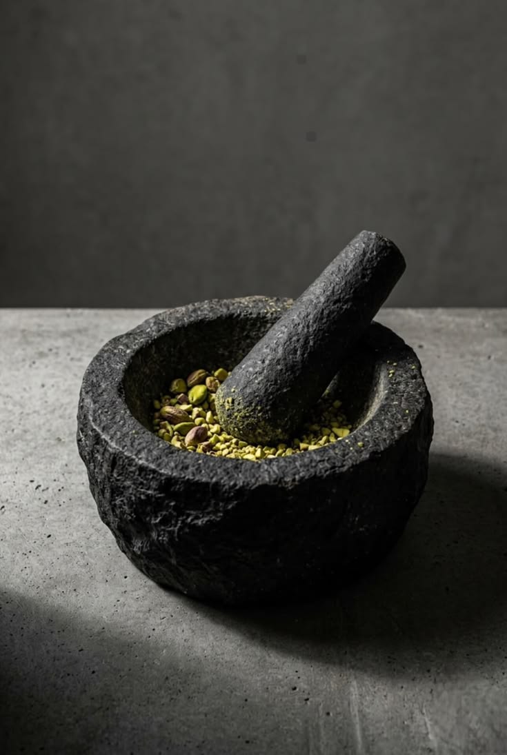 Granite mortar and pestle grinding pistachios and spices