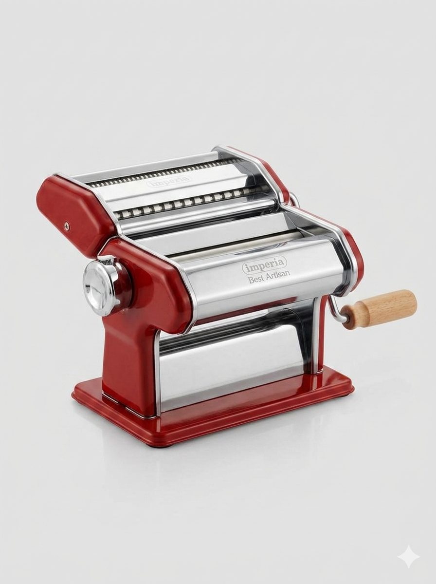 Red and chrome manual hand-crank pasta maker