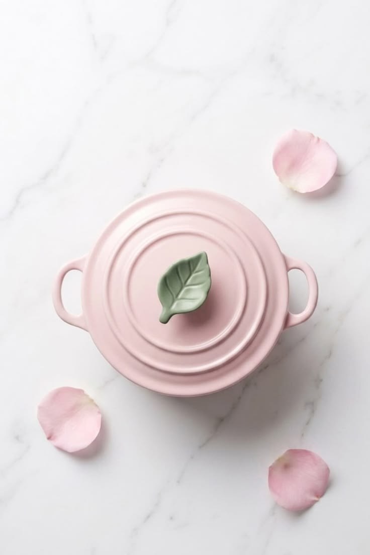 Pink enameled cast iron dutch pot with leaf-shaped knob