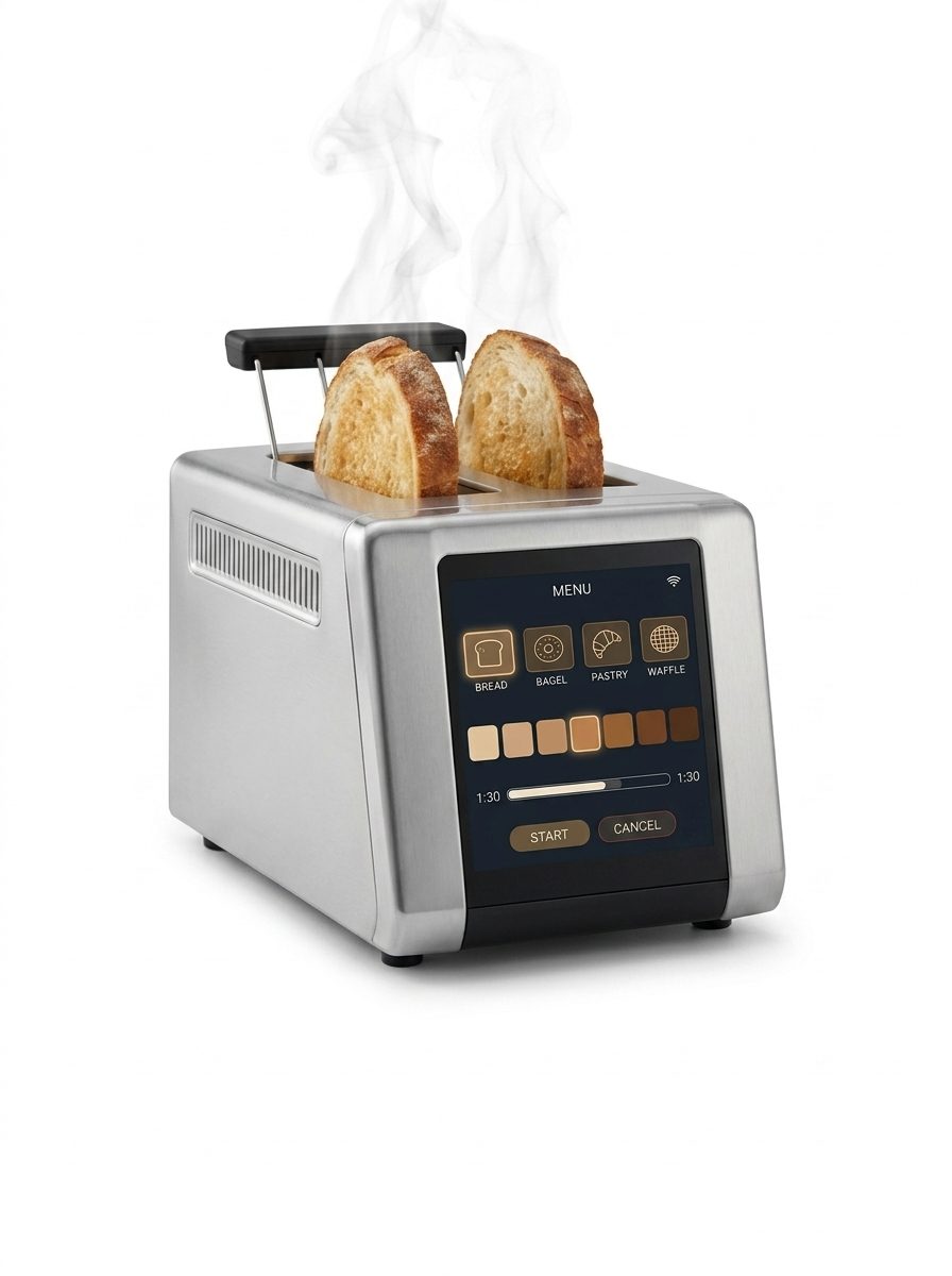 Stainless steel smart toaster with touchscreen display toasting sourdough